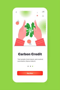 carbon credit concept hands holding green plant responsibility of co2 emission environmental conservation sustainable ESG development vertical copy space vector illustration