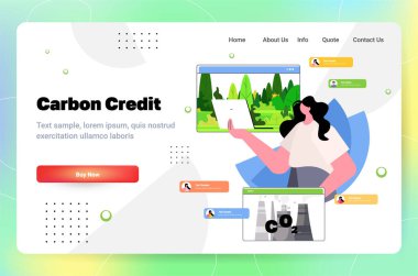 carbon credit concept woman using laptop responsibility of co2 emission environmental conservation sustainable ESG development alterntive energy horizontal copy space vector illustration