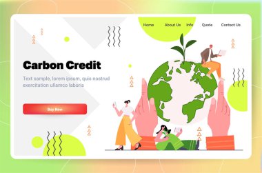 carbon credit concept businesspeople around green globe responsibility of co2 emission environmental conservation sustainable ESG development horizontal copy space vector illustration