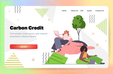 girls using laptops near tree CO2 limit emissions idea net zero emission carbon credit offset eco factory environmental conservation concept horizontal copy space vector illustration