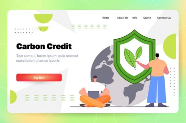 carbon credit concept businessmen near protection shield with plants responsibility of co2 emission environmental conservation sustainable ESG development horizontal copy space vector illustration