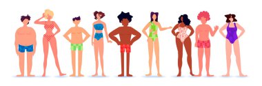 mix race people of different height figure type and size standing together love your body concept full length horizontal vector illustration