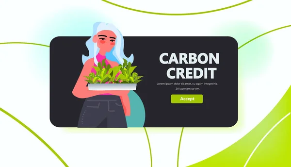 Carbon Credit Concept Woman Holding Green Plants Responsibility Co2 Emission — Stockvektor