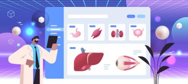 scientist examining anatomical human body internal organs on digital screen anatomy medicine science healthcare concept horizontal vector illustration
