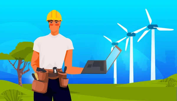Engineer Using Laptop Wind Turbines Responsibility Co2 Emission Environmental Conservation — 스톡 벡터