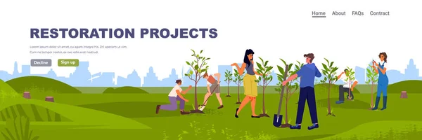 Gente Plantando Árboles Proyecto Restauración Del Parque Idea Emisiones Límite — Vector de stock