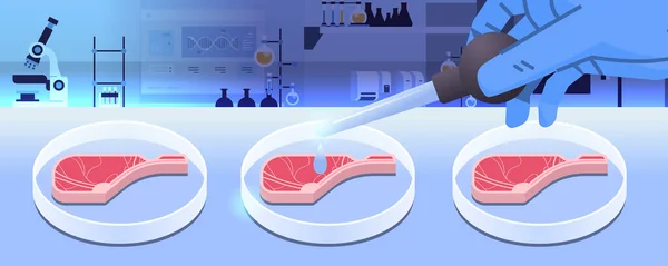 Scientist Adding Drop Liquid Flask Petri Dish Beef Steak Cultured — Stock Vector