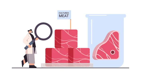 Cientista Analisando Carne Crua Vermelha Cultivada Feita Partir Células Animais — Vetor de Stock