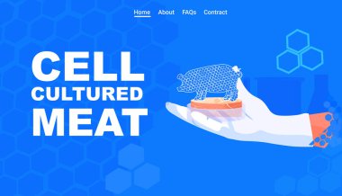 Bilim adamı elleri, hayvan hücrelerinden elde edilen kırmızı etin DNA 'sını analiz ediyor yapay laboratuvar, et üretimi konsepti yatay fotokopi uzay çizimi.