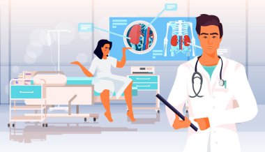 Doktor, bilgisayar monitöründeki hastanın karaciğer röntgenini inceliyor sağlık tedavisi konsepti yatay vektör çizimi