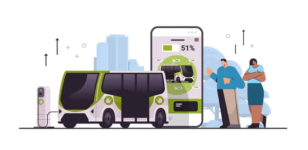 Mix Verseny Emberek Töltés Elektromos Busz Mobil App Akkumulátor Jármű — Stock Vector