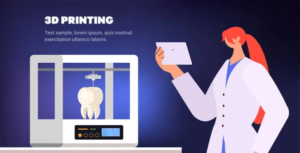 3Dプリンタで印刷された歯モデルを制御する医師ヒト移植臓器の医療印刷生物工学バイオプリントコンセプト水平ベクトルイラスト — ストックベクタ