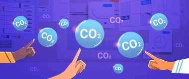 CO2 emisyonuna dokunan karbon kredi konsepti elleri CO2 emisyon çevresel koruma sürdürülebilir ESG gelişimi yatay vektör ilüstrasyonunun sorumluluğunu belirtir