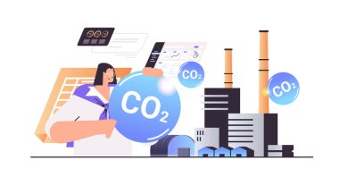 CO2 'yi elinde tutan iş kadını CO2 emisyon çevre stratejisinin karbon kredi konseptini imzaladı. Sürdürülebilir ESG gelişimi yatay çizim