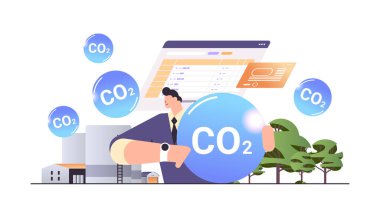CO2 'yi elinde tutan işadamı CO2 emisyon çevre stratejisinin karbon kredi konseptini imzaladı. Sürdürülebilir ESG gelişimi yatay vektör çizimi