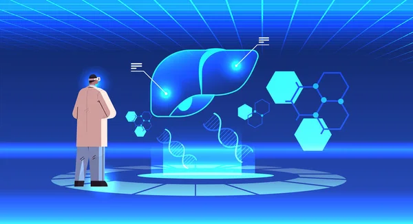 Médico Gafas Digitales Mirando Explicación Detallada Virtual Hígado Anatómico Órgano — Archivo Imágenes Vectoriales