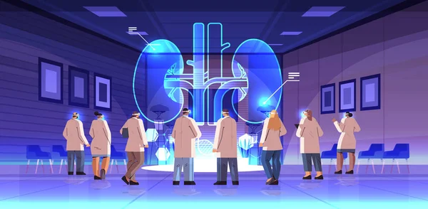 Médicos Gafas Digitales Mirando Explicación Detallada Virtual Riñones Anatómicos Órgano — Vector de stock