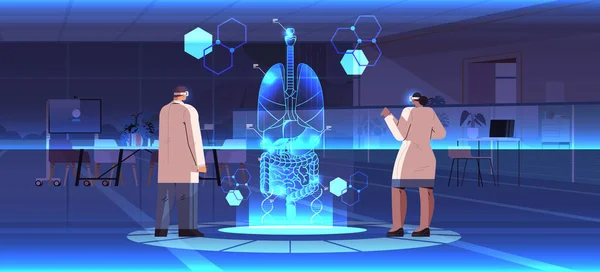 Científicos Mirando Virtual Anatómica Cuerpo Humano Órganos Internos Estructura Anatomía — Vector de stock