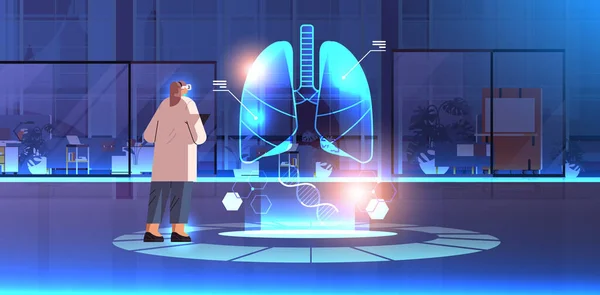 仮想的な詳細な説明を見るデジタルメガネの医師解剖学的肺内部臓器Vrビジョン転移概念水平ベクトル図 — ストックベクタ