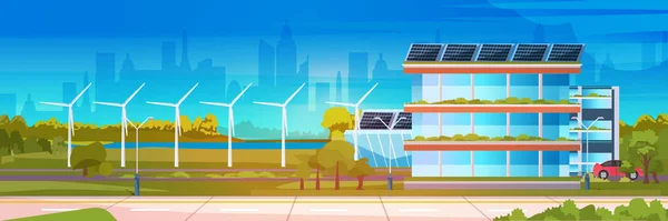 Ανεμογεννήτριες Και Ηλιακοί Συλλέκτες Ενέργειας Πεδίο Ανανεώσιμων Σταθμών Οικοδομήσουμε Απόβλητα — Διανυσματικό Αρχείο
