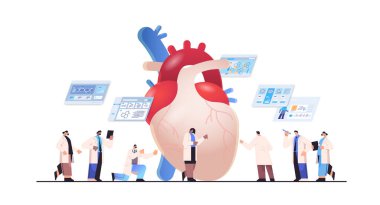 Araştırmacılar kalp modelini analiz ediyor. İnsan organ nakli, biyolojik mühendislik biyobasım konsepti yatay vektör illüstrasyonunun 3 boyutlu tıbbi baskısı üzerine basıldı.