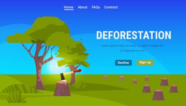 Kesilen ormandaki ağaçlar baltayla kökleri kesiyor küresel ısınma küresel ısınma ekosistem tahribatı kavramı yatay fotokopi uzay vektör çizimi