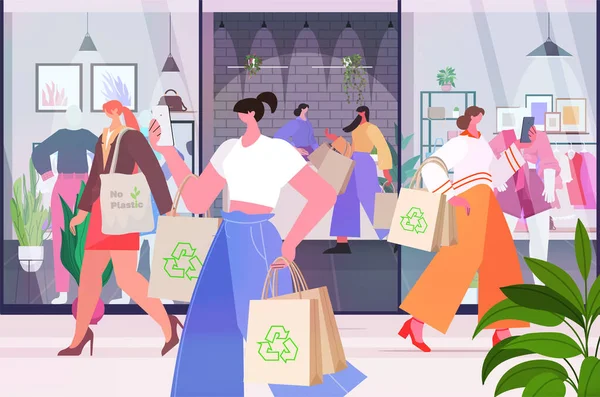 Pessoas Caminhando Com Eco Friendly Sacos Naturais Shopping Pacote Estilo —  Vetores de Stock