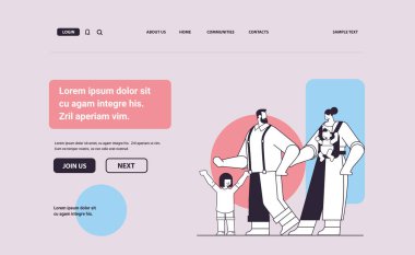 Çocuklarla yürüyen ebeveynler mutlu aile kavramı yatay kopyalama alanı doğrusal vektör çizimi