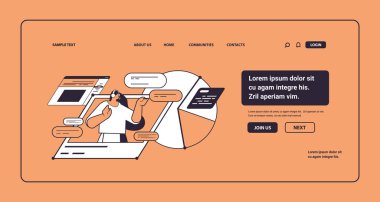 Kulaklık takan iş kadını mesajları cevaplıyor ve istatistik analizi için arıyor teknik destek konsepti yatay fotokopi alanı doğrusal vektör çizimi