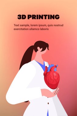 Doktor, 3D biyoyazıcı üzerinde insan nakli kalp modeli baskıları biyolojik mühendislik biyobasım konsepti dikey fotokopi uzay vektör çizimi