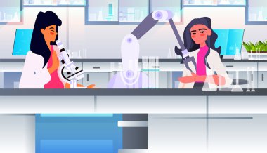 İş yerinde mikroskop ve robotik el kullanan bilim adamları hayvan hücrelerinden üretilen eti yapay laboratuvar et üretimi konsepti modern laboratuvar iç mekan vektör çizimi