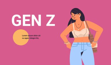 Gelişigüzel giyinen genç kız Z yaşam tarzı konsepti yenilikçi gençlik geneli yatay fotokopi alanı illüstrasyonuyla modern demografi eğilimi