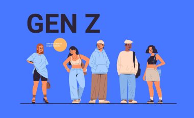 Gelişigüzel giyinen gençler Z yaşam tarzı konsepti yeni modern demografi trendi ve yenilikçi gençlik gen yatay fotokopi alanı çizimi