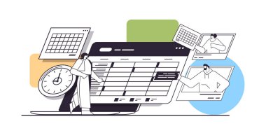 İş adamları randevu zamanı yönetimi takım çalışması kavramını planlarken yatay doğrusal vektör çizimi