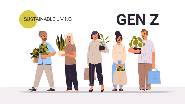 Mix Race People Holding Potted Plants Generation Sustainable Living Concept — Stock Vector
