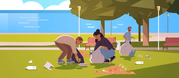 Άνθρωποι Που Συλλέγουν Σκουπίδια Τσάντα Παραλία Καθαρισμού Γενιά Lifestyle Έννοια — Διανυσματικό Αρχείο