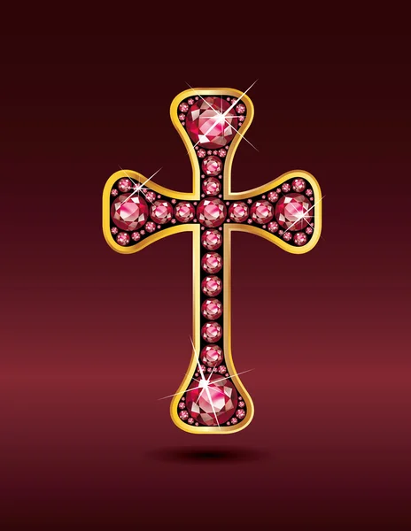 Christliches Kreuz in Gold mit Rubinsteinen — Stockvektor