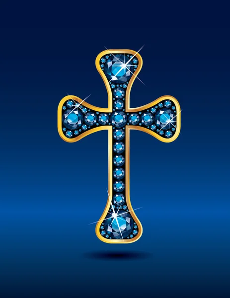 Christliches Kreuz in Gold mit Aquamarinsteinen — Stockvektor