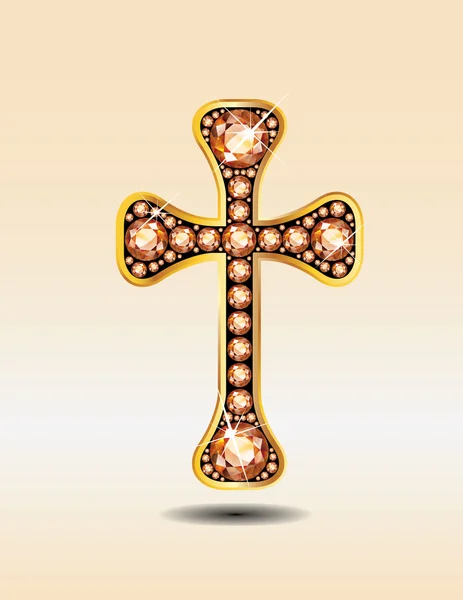 Christian Cross in Gold with Diamond Stones — Stock Vector