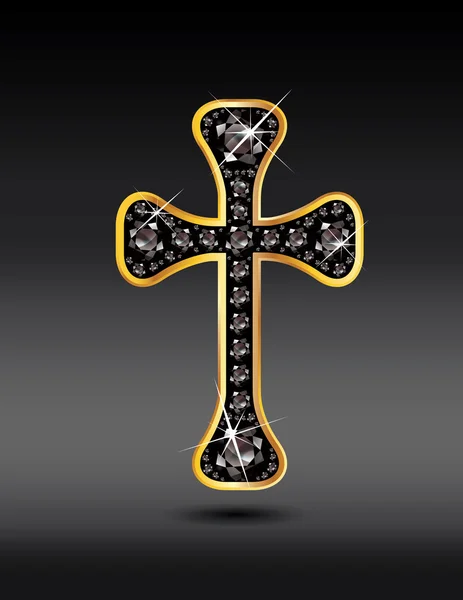 Christliches Kreuz in Gold mit schwarzen Onyxsteinen — Stockvektor