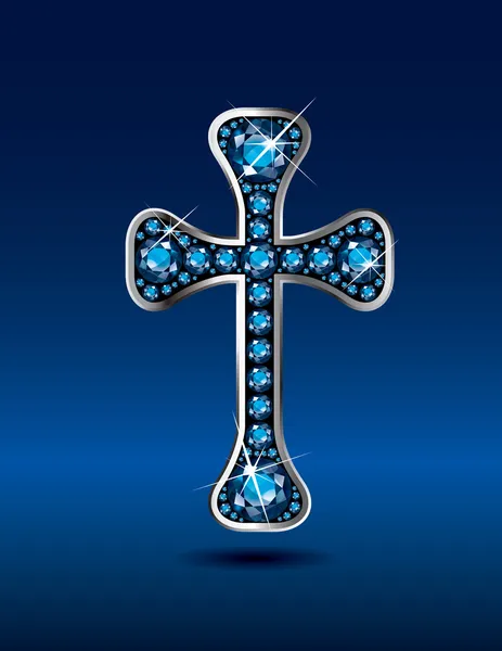 Christian Cross in Silver with Aquamarine Stones — Stock Vector