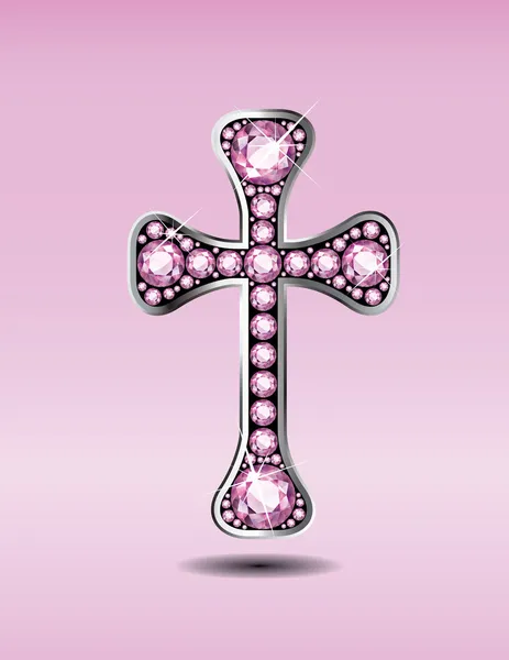 Cruz cristiana en plata con piedras de cuarzo rosa — Archivo Imágenes Vectoriales