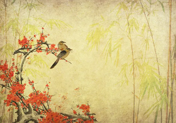 Birds on plum blossom and bamboo on paper background — Stock Photo, Image