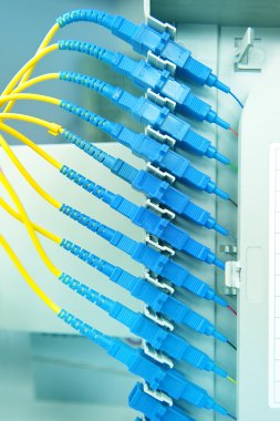 Fiber optik ağ kabloları yama paneli ve geçiş