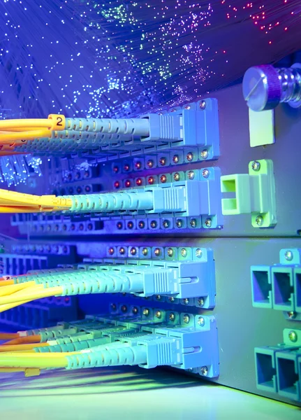 Fiber optical network cables patch panel and switch — Stock Photo, Image