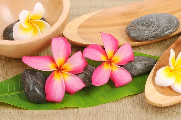 Frangipani and polished stone on bamboo mat — Stock Photo, Image