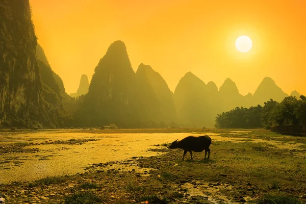 Solnedgång landscpae av yangshuo i guilin, china — Stockfoto