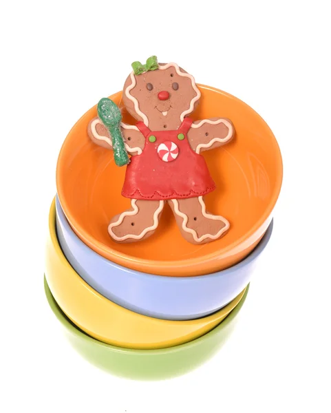 Gingerbread cookie woman in bowl — Stock Photo, Image