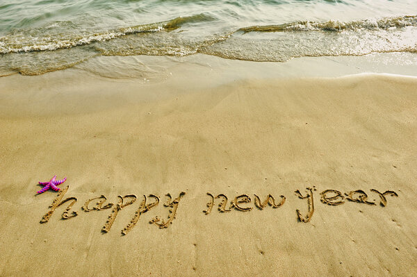 Happy new year written in the sand