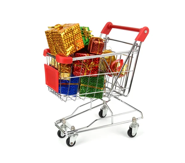 Shopping cart with Christmas gifts and presents. — Stock Photo, Image